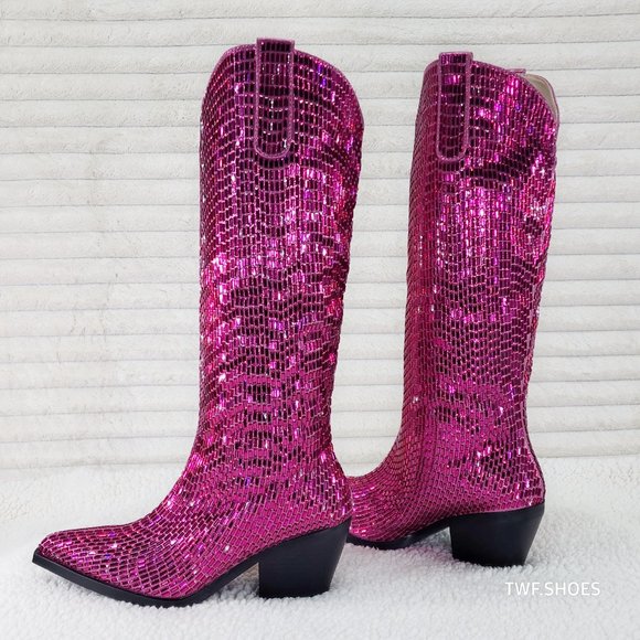 Mirage Fuchsia Pink Rhinestone Pull On Western Cowgirl Knee Boots - Picture 7 of 17